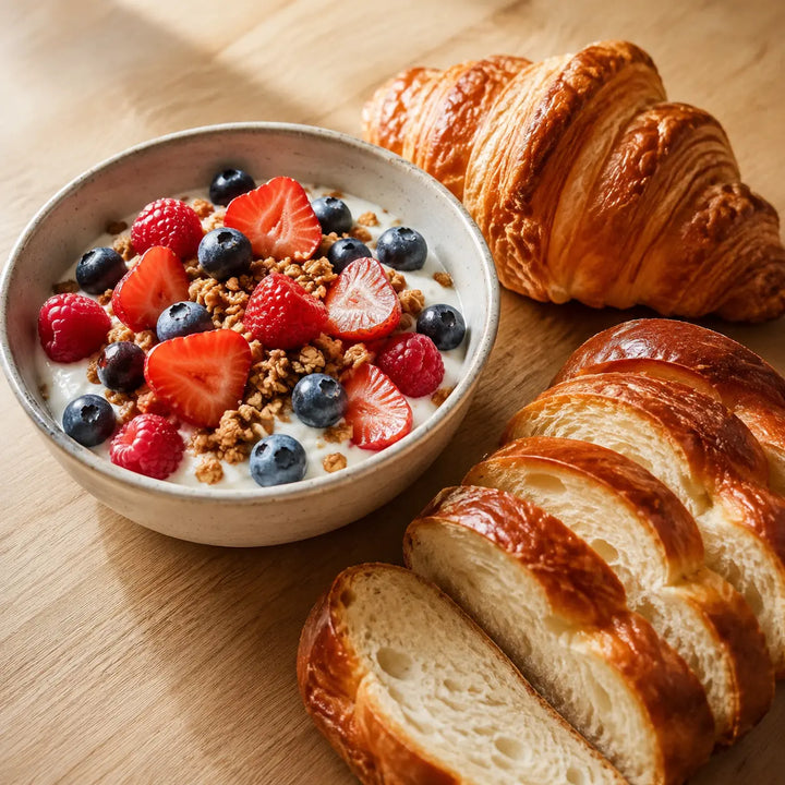 Vanillequark mit Beeren und Granola neben Croissant und Hefezopf