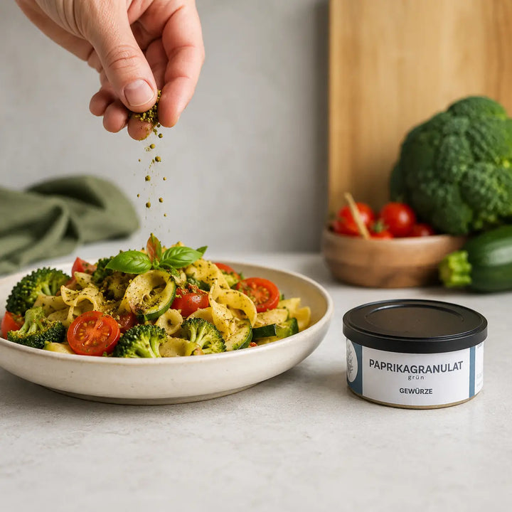 Grünes Paprikagranulat wird über eine Gemüse-Pasta gestreut