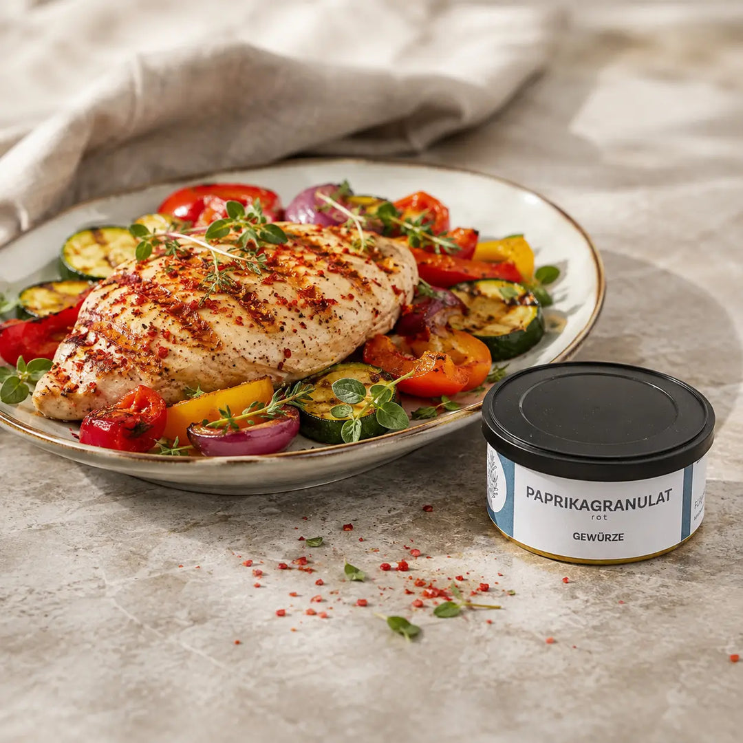 Gegrilltes Hähnchen mit mediterranem Gemüse neben der originalen Dose mit rotem Paprikagranulat