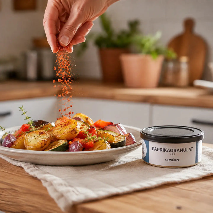 Rotes Paprikagranulat wird über geröstete Kartoffeln und Gemüse gestreut