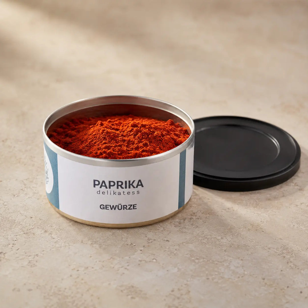 Geöffnete Originaldose mit feinem rotem Paprikapulver und schwarzem Deckel