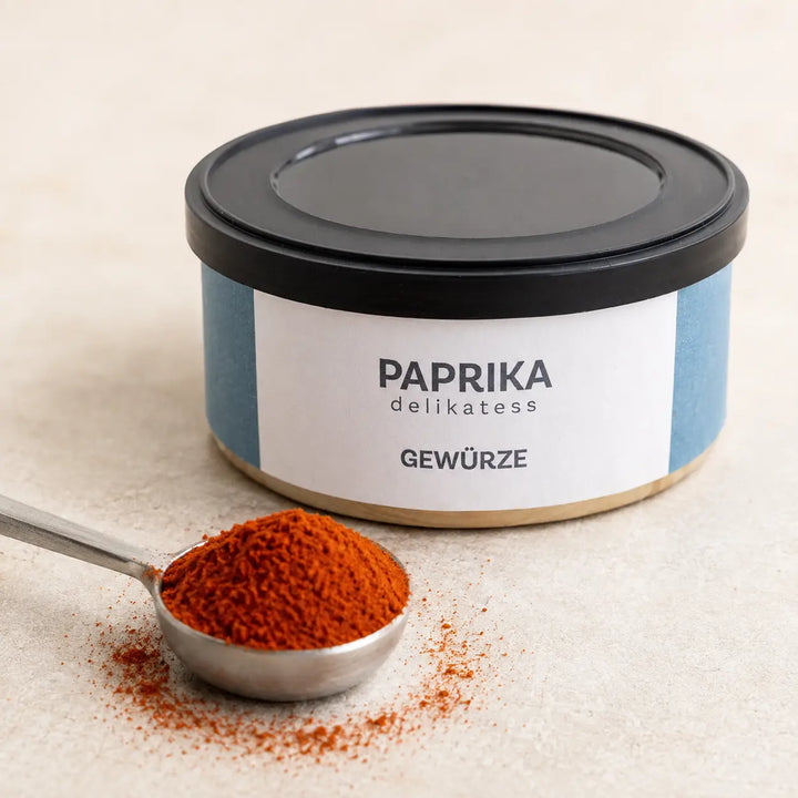 Feines rotes Paprikapulver delikatess im Detail vor der originalen Gewürzdose