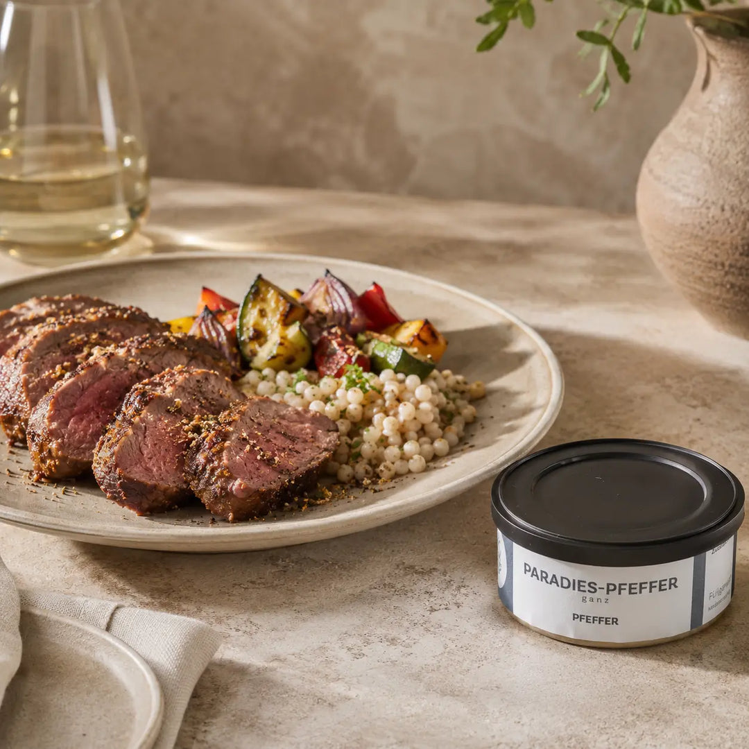 Serviertes Lamm mit Paradieskörnern und der originalen Paradies-Pfeffer Gewürzdose