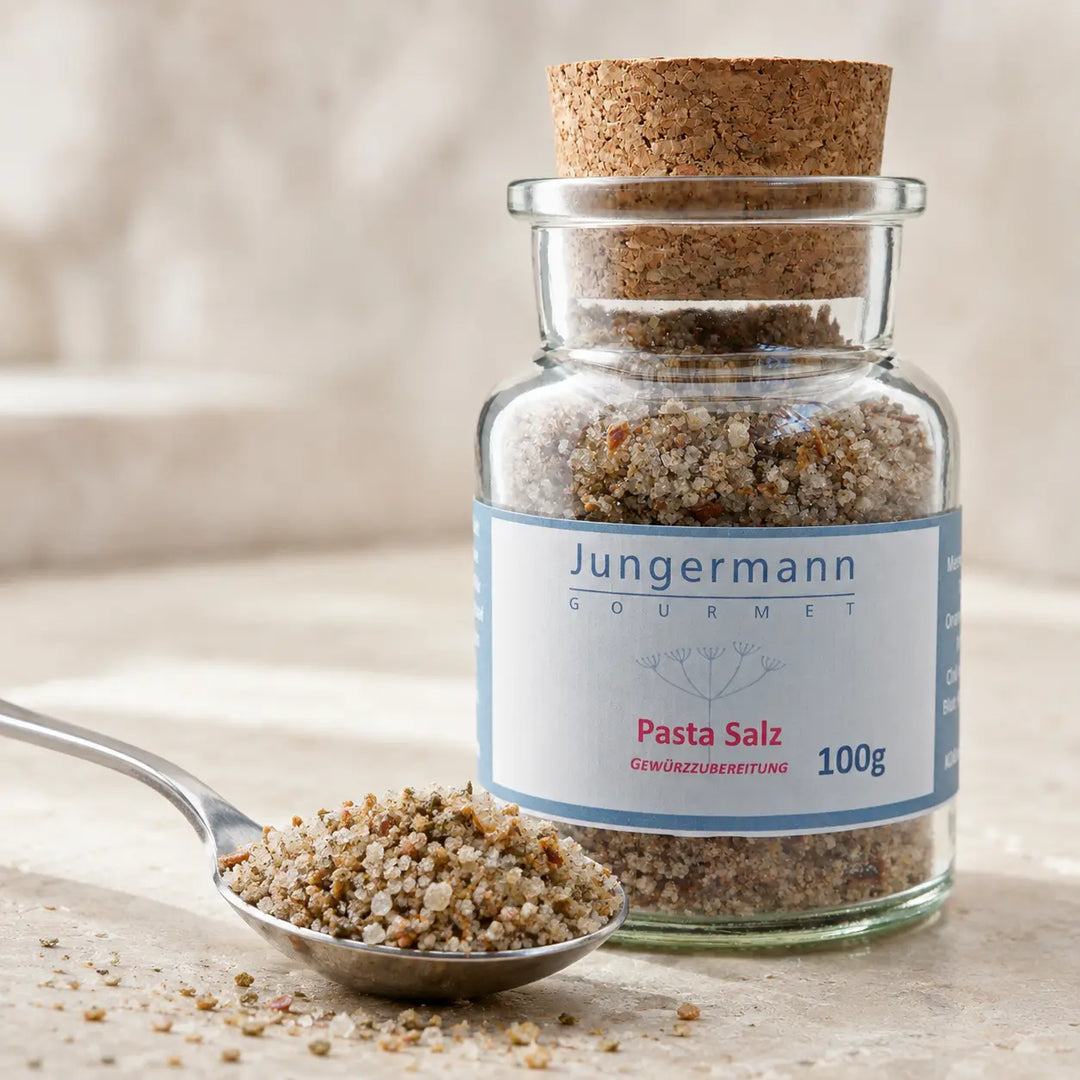 Grobe Pasta-Salz Gewürzmischung mit Salzkristallen und Kräutern im Detail