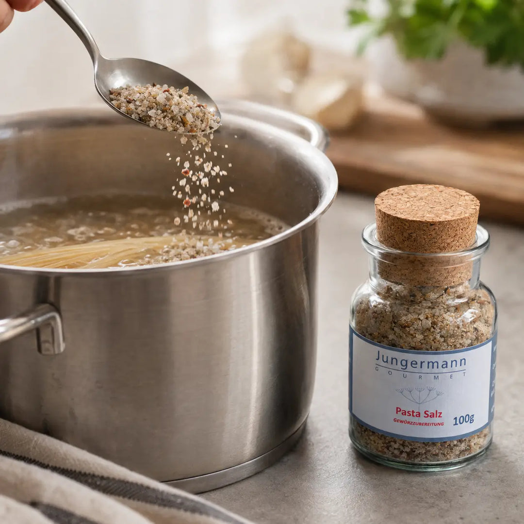 Pasta-Salz wird in kochendes Nudelwasser gegeben neben dem originalen Korkenglas