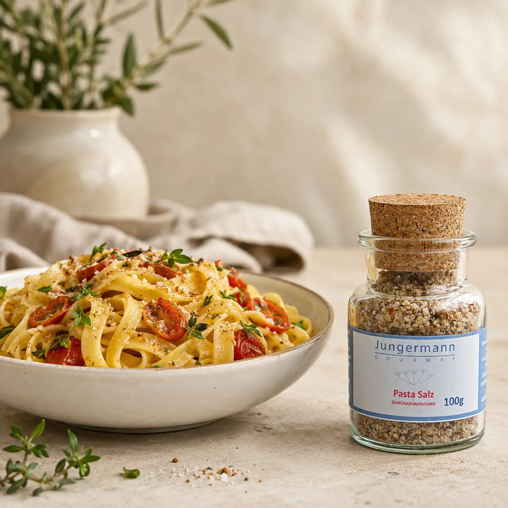 Tagliatelle mit Tomaten und Pasta-Salz neben dem originalen Korkenglas