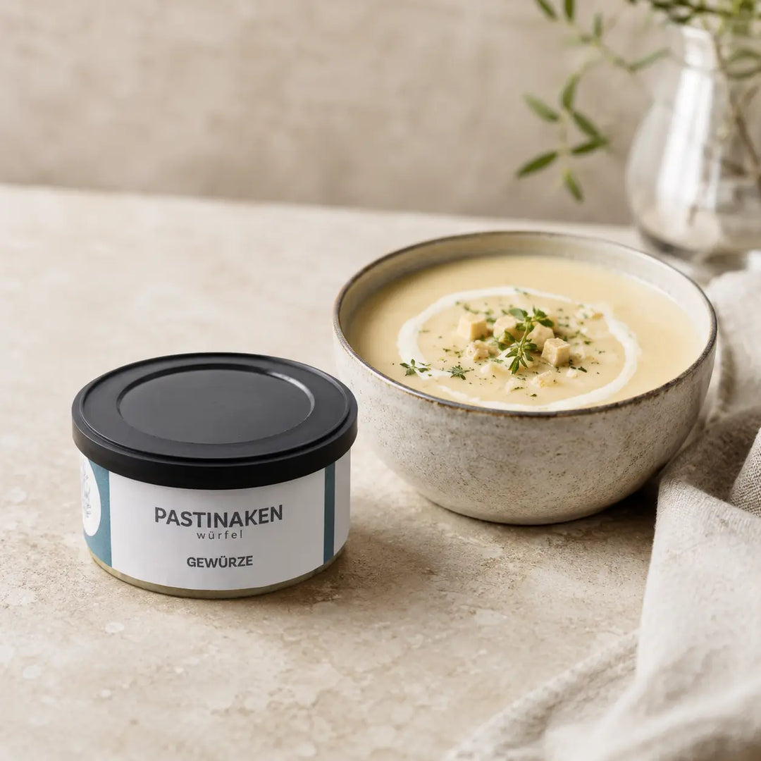 Cremige Pastinakensuppe neben der originalen Dose mit Pastinakenwürfeln