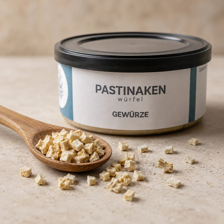 Getrocknete Pastinakenwürfel im Detail vor der originalen Gewürzdose
