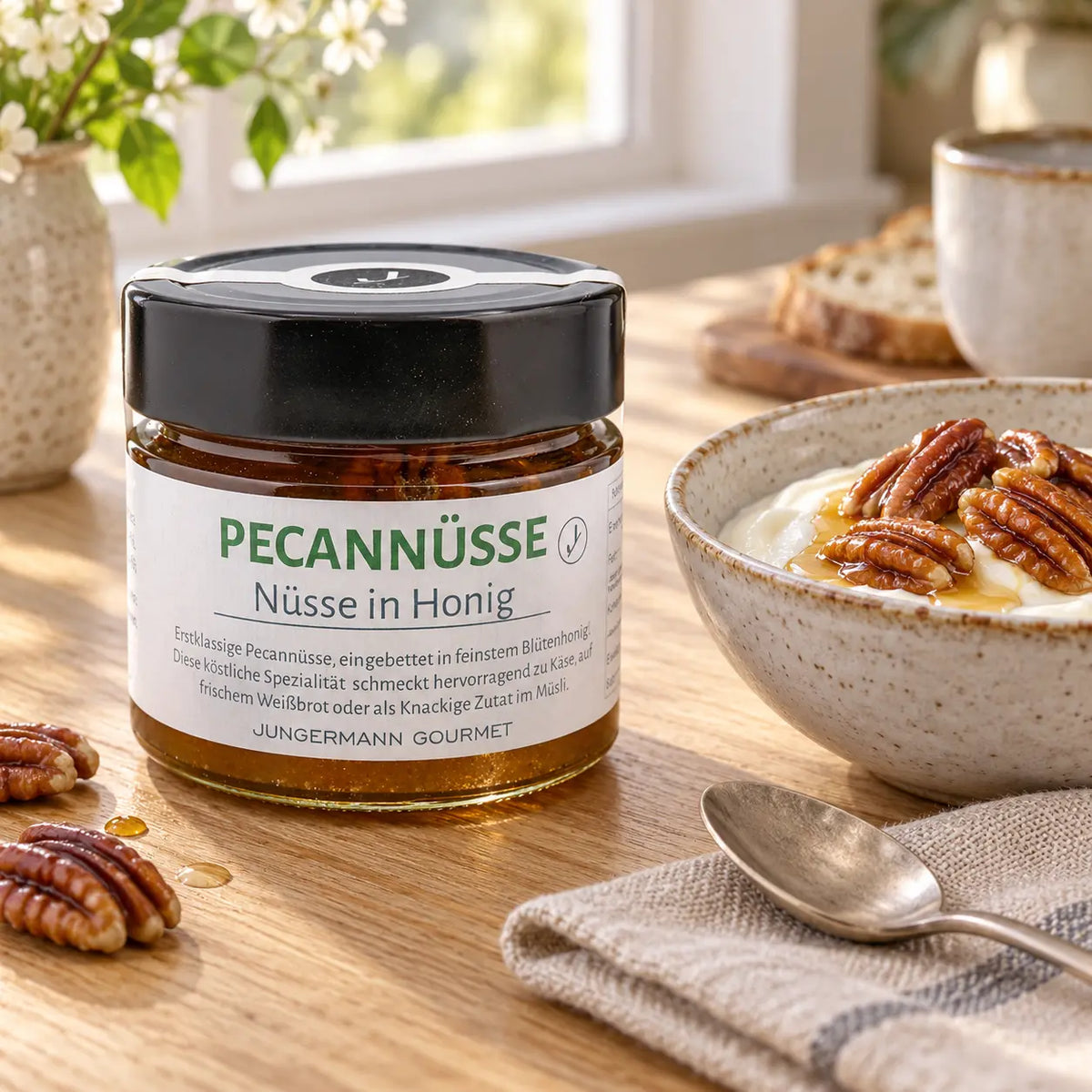 Pecannüsse in Honig von Jungermann Gourmet: Originalglas neben Naturjoghurt mit Nüssen und Honig als Serviervorschlag.