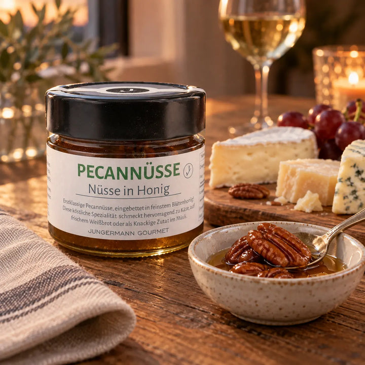Pecannüsse in Honig von Jungermann Gourmet: Originalglas neben einer Käseauswahl mit Nüssen und Honig als Serviervorschlag.