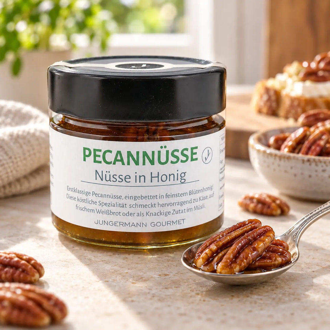 Pecannüsse in Honig von Jungermann Gourmet: Nüsse und Honig auf einem Löffel neben dem Originalglas, Detailansicht.