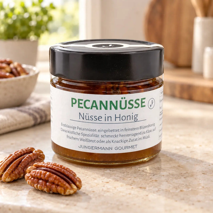 Pecannüsse in Honig von Jungermann Gourmet: Originalglas auf einer Küchenarbeitsplatte mit einer kleinen Portion Nüssen.