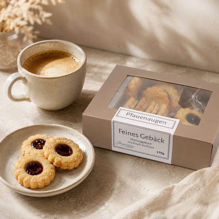 Pfauenaugen mit Kaffee und der originalen Gebäckbox als Serviermotiv