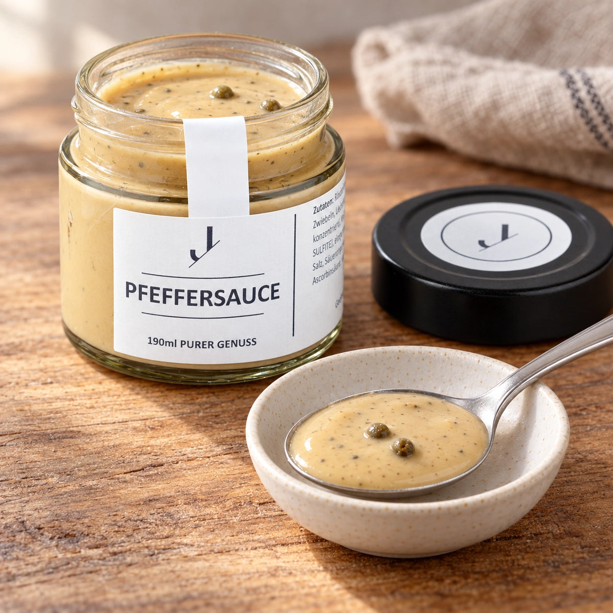 Pfeffersauce im geöffneten Originalglas neben einem Löffel und einer Schale mit cremiger Sauce und grünen Pfefferkörnern.