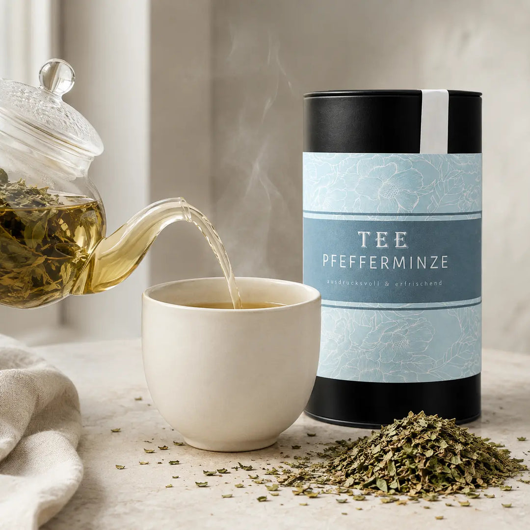 Heller Pfefferminze Tee wird aus einer Glaskanne in eine Keramiktasse gegossen