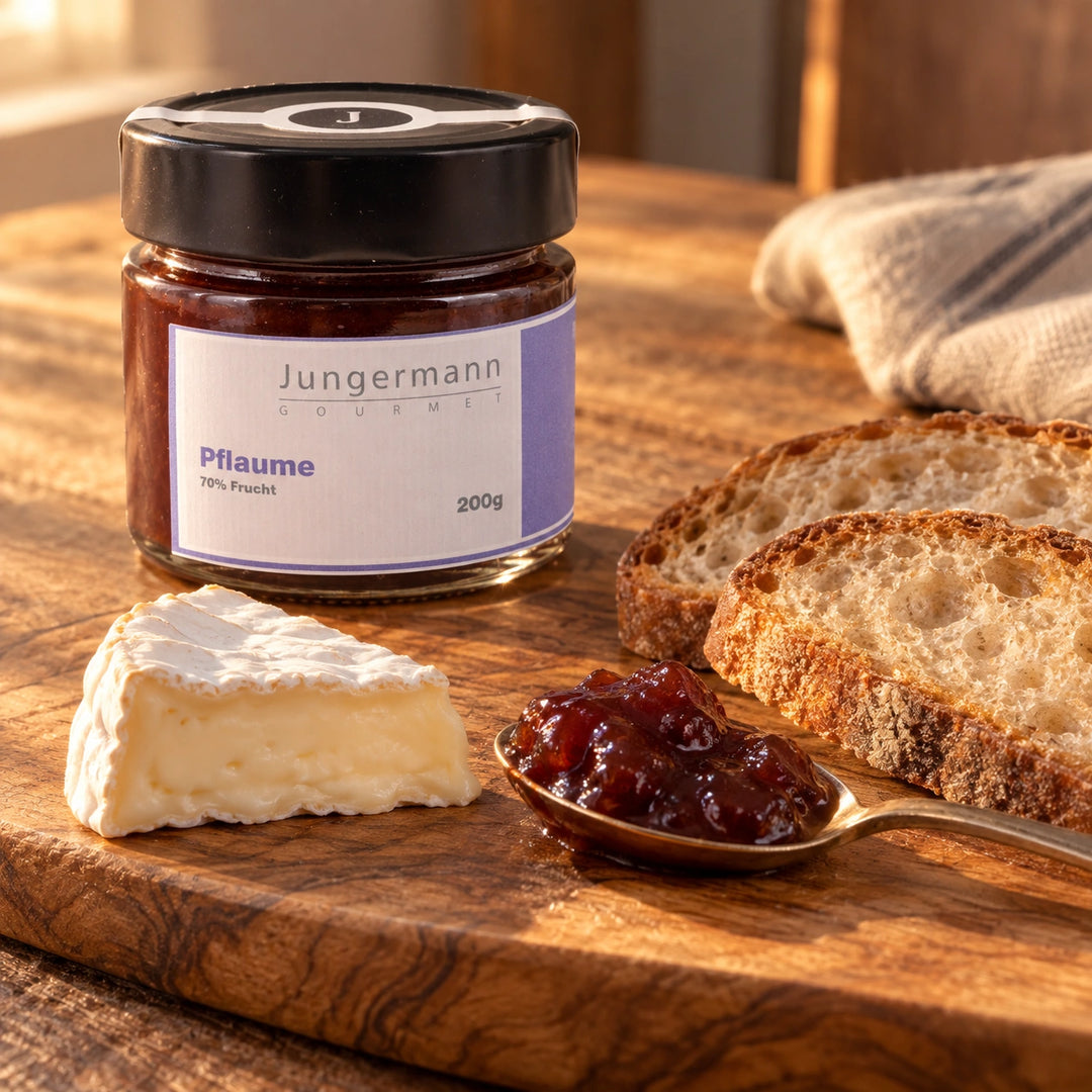 Pflaumenaufstrich zu Weichkäse und Brot auf einem Brett neben dem Originalglas. Serviervorschlag.