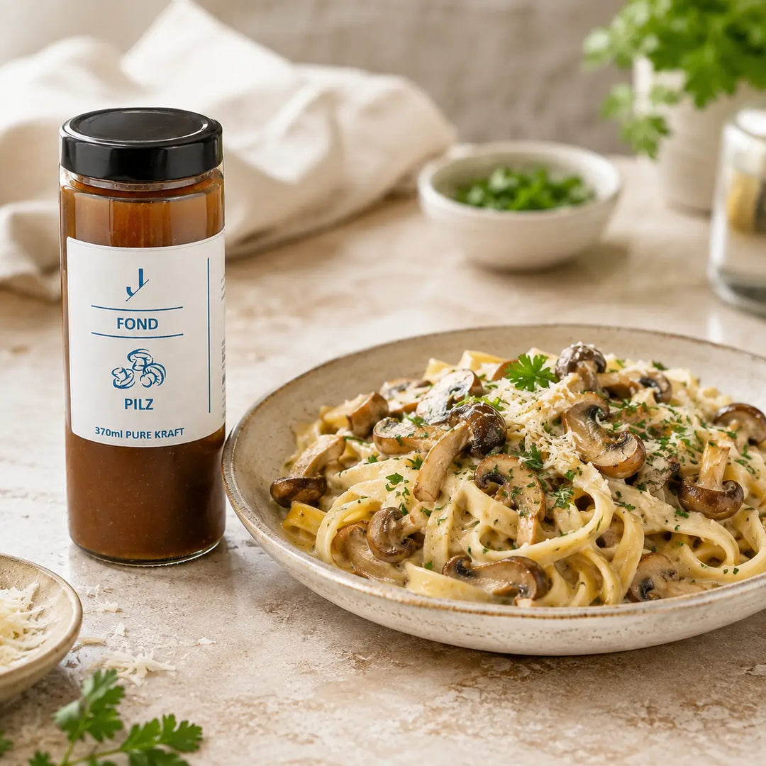 Pilz-Fond von Jungermann Gourmet neben cremiger Tagliatelle mit gebratenen Pilzen