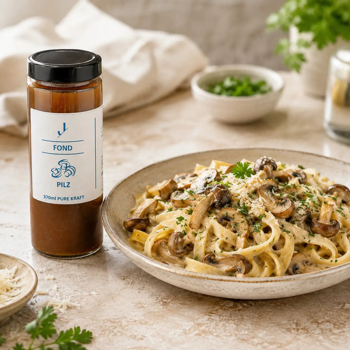 Pilz-Fond von Jungermann Gourmet neben cremiger Tagliatelle mit gebratenen Pilzen