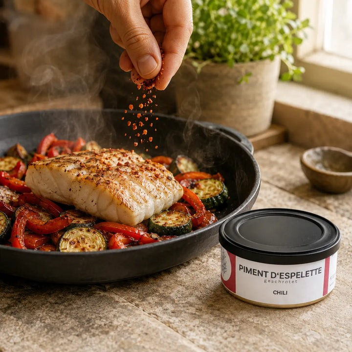 Piment d’Espelette wird über gebratenem Fisch mit Paprika und Zucchini verteilt