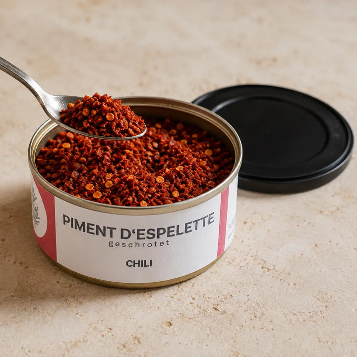 Geöffnete Dose Piment d’Espelette mit grob geschroteter roter Chilitextur