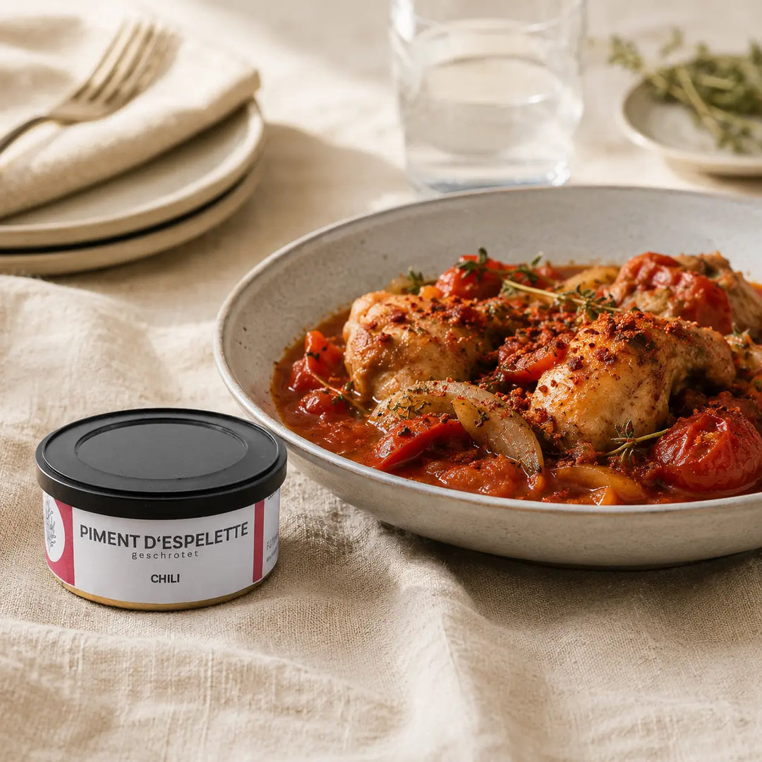 Hähnchengericht mit Paprika und Piment d’Espelette neben der originalen Gewürzdose