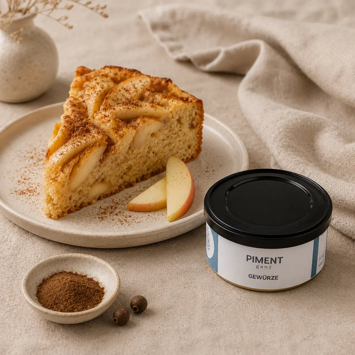 Apfelkuchen mit gemahlenem Piment neben der originalen Dose ganzer Pimentkörner