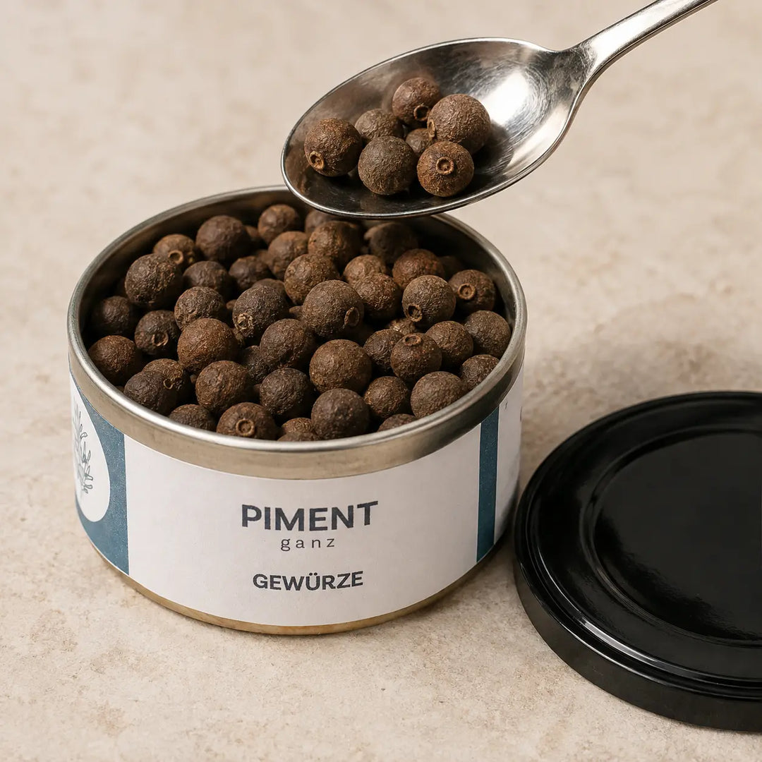 Geöffnete Dose mit ganzen dunkelbraunen Pimentkörnern und einem Löffel