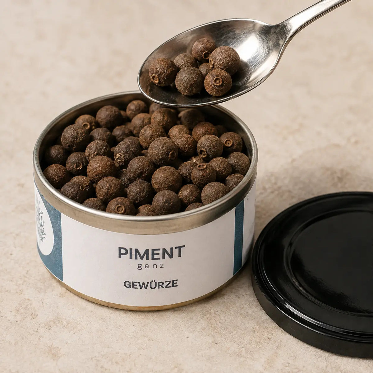 Geöffnete Dose mit ganzen dunkelbraunen Pimentkörnern und einem Löffel