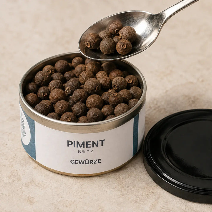 Geöffnete Dose mit ganzen dunkelbraunen Pimentkörnern und einem Löffel