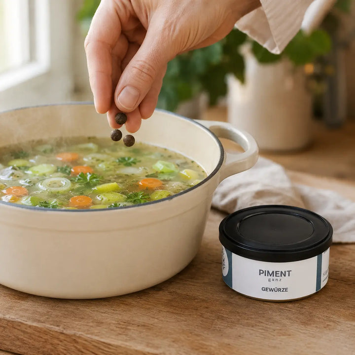 Ganze Pimentkörner werden in eine klare Gemüsesuppe gegeben