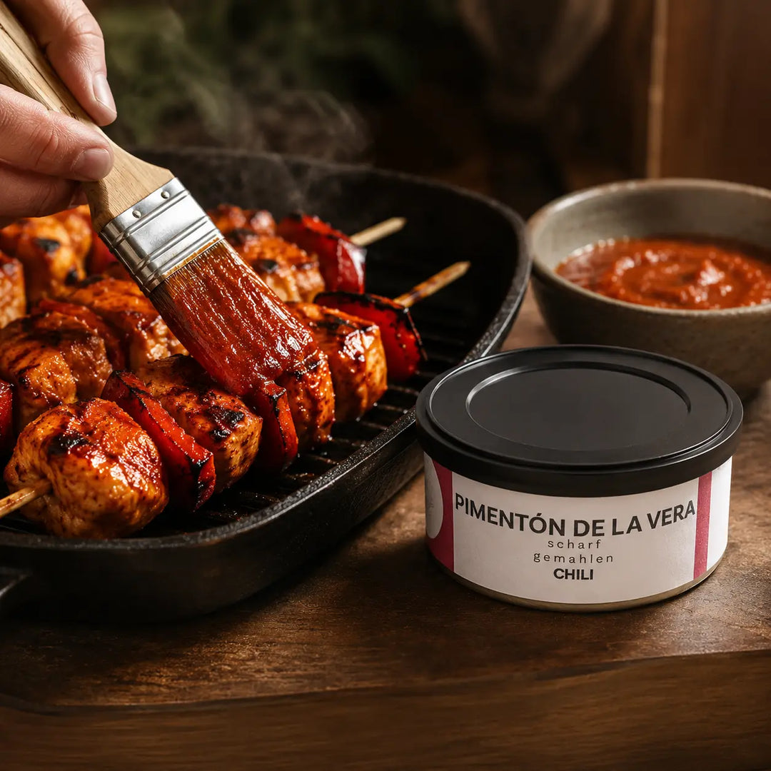 Scharfe Pimentón-Marinade wird auf Hähnchen-Paprika-Spieße gestrichen