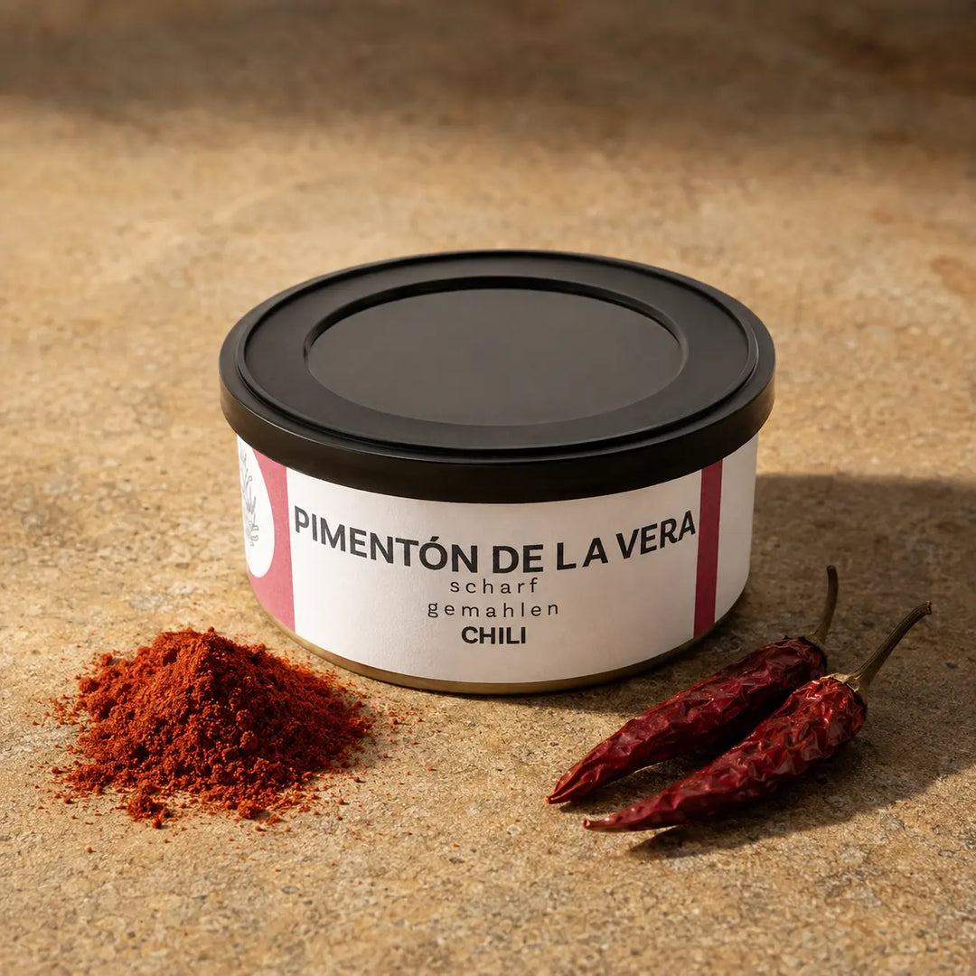 Scharfes Pimentón de la Vera in der originalen niedrigen Gewürzdose als Premium-Packshot