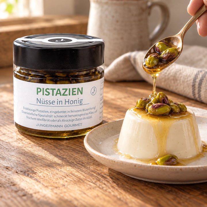Pistazien in Honig werden auf ein kleines Sahnedessert gegeben; daneben steht das Originalglas. Serviervorschlag.