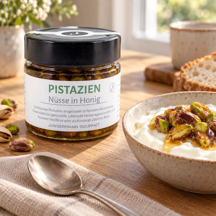 Pistazien in Honig von Jungermann Gourmet: Originalglas neben Naturjoghurt mit Nüssen und Honig als Serviervorschlag.