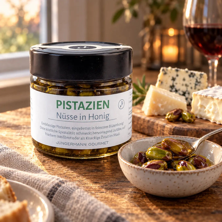 Pistazien in Honig von Jungermann Gourmet: Originalglas neben einer Käseauswahl mit Nüssen und Honig als Serviervorschlag.
