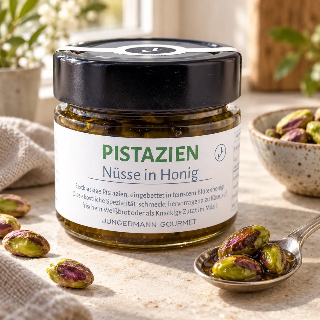 Pistazien in Honig von Jungermann Gourmet: Nüsse und Honig auf einem Löffel neben dem Originalglas, Detailansicht.