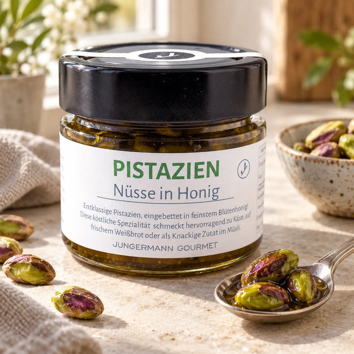 Pistazien in Honig von Jungermann Gourmet: Nüsse und Honig auf einem Löffel neben dem Originalglas, Detailansicht.