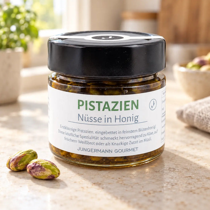 Pistazien in Honig von Jungermann Gourmet: Originalglas auf einer Küchenarbeitsplatte mit einer kleinen Portion Nüssen.