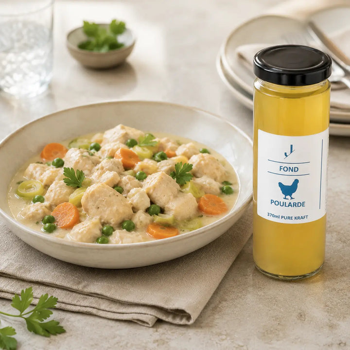Poularden-Fond von Jungermann Gourmet neben hellem Geflügelragout mit Gemüse