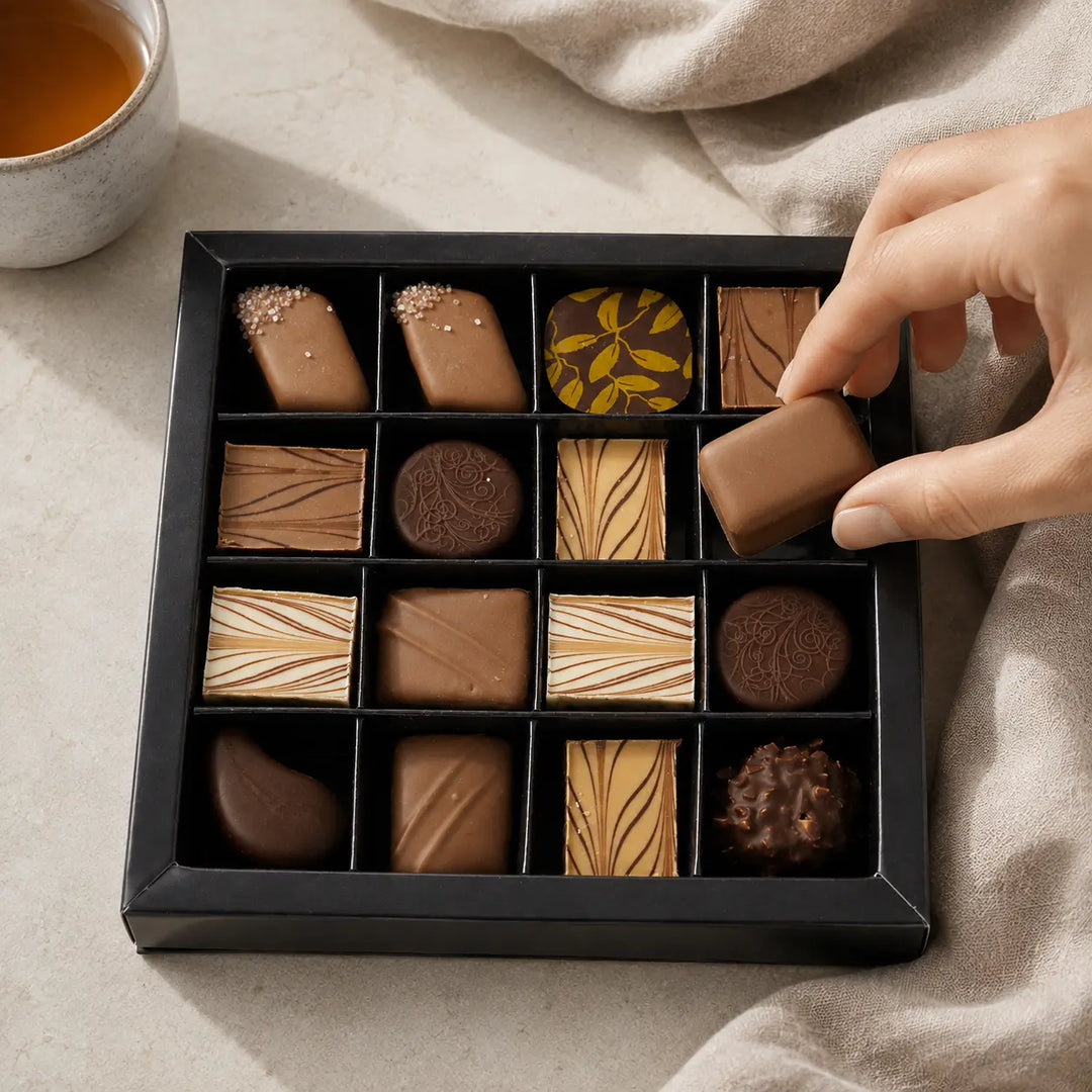 Eine Praline wird aus der originalen 16er-Mischung zu einer Tasse Tee genommen