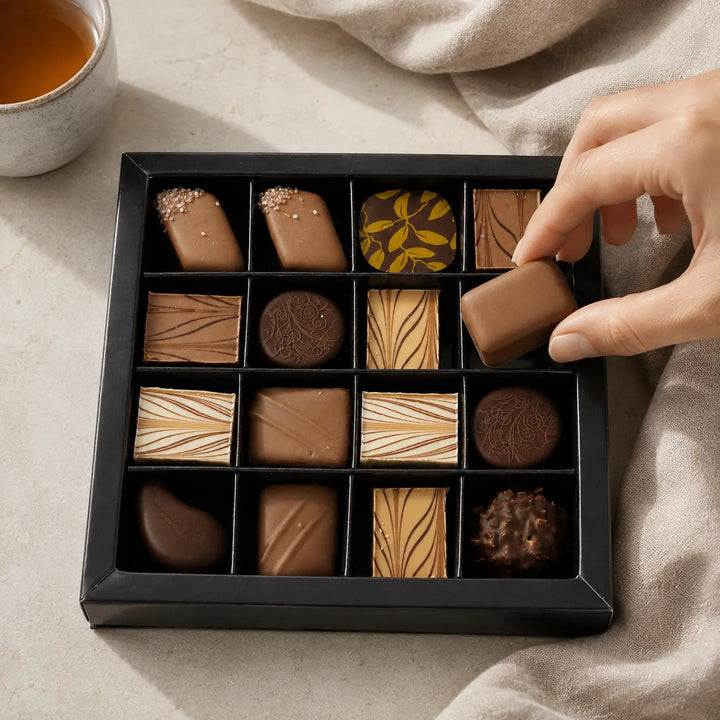 Eine Praline wird aus der originalen 16er-Mischung zu einer Tasse Tee genommen