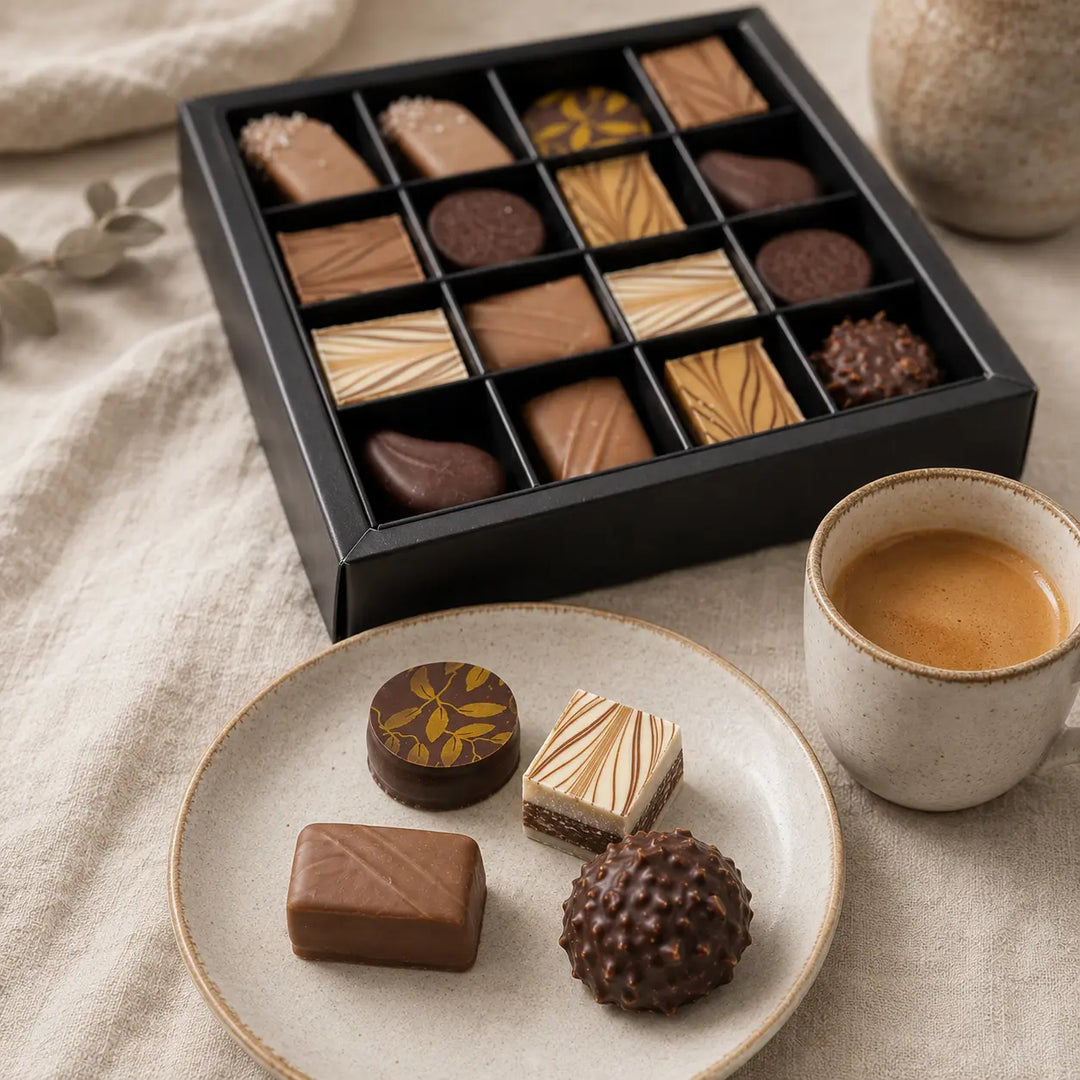 Auswahl von vier Pralinen aus der Mischung zu einer Tasse Espresso serviert