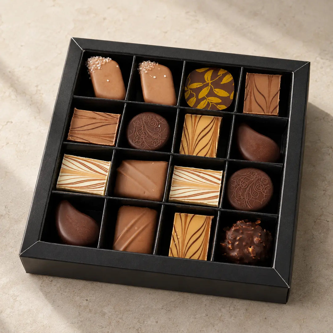 Originale schwarze Pralinenschale mit exakt 16 verschiedenen Pralinen in schräger Detailansicht