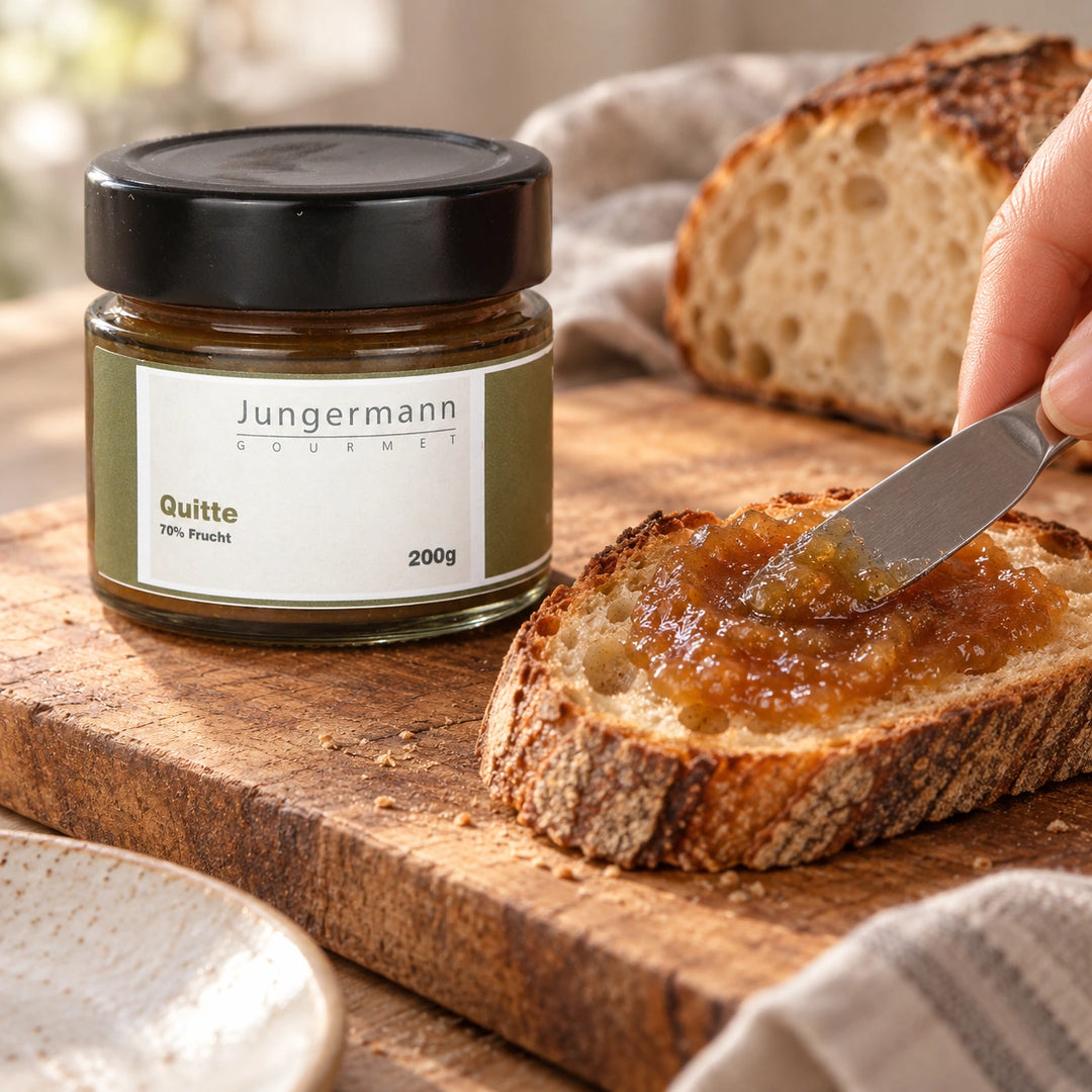 Eine Hand verteilt Quittenaufstrich auf einer Brotscheibe neben dem Originalglas. Serviervorschlag.