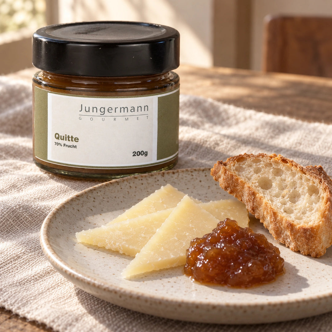 Quittenaufstrich zu gereiftem Käse und knusprigem Brot neben dem Originalglas. Serviervorschlag.