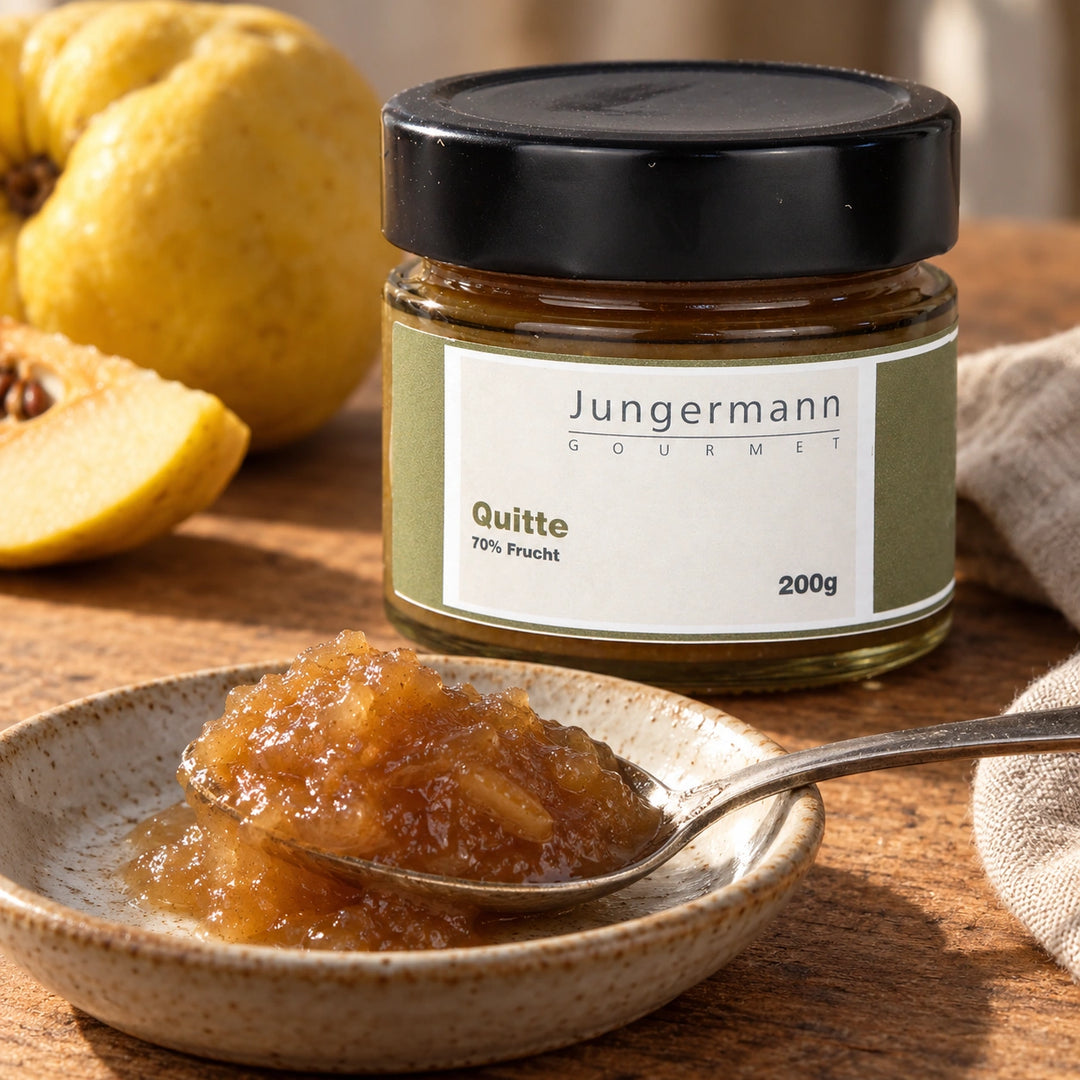 Nahaufnahme von goldbraunem Quittenaufstrich auf einem Löffel vor dem Originalglas.