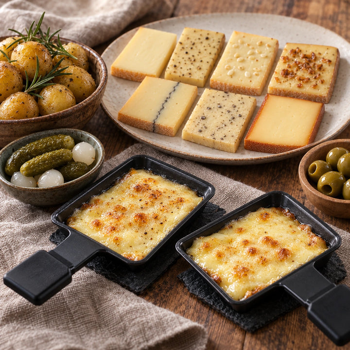 Raclette-Box als Serviervorschlag mit geschmolzenem Käse, Käseauswahl, Rosmarinkartoffeln, Cornichons, Silberzwiebeln und Oliven.