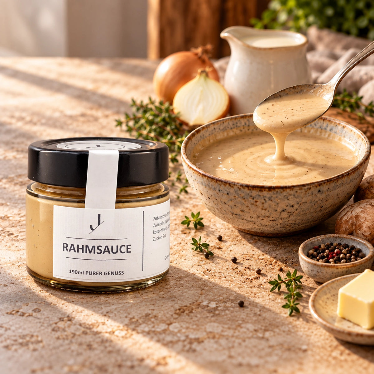 Rahmsauce im Originalglas neben einer Keramikschale mit cremiger Sauce und einem Löffel.