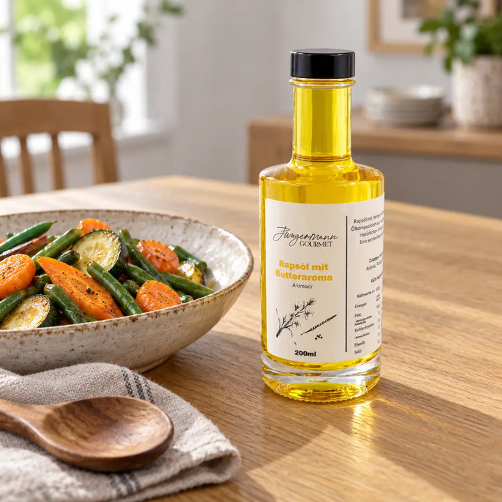 200-ml-Flasche Rapsöl mit Butteraroma neben einer Schale mit gegartem Gemüse, Serviervorschlag in der Küche.