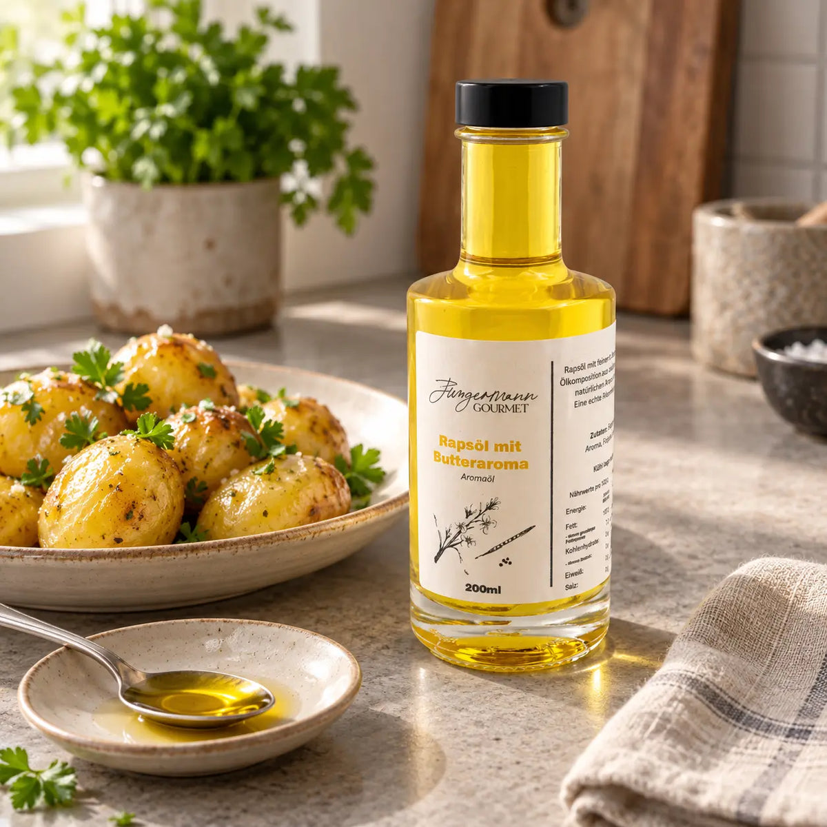 Rapsöl mit Butteraroma von Jungermann Gourmet, 200-ml-Flasche neben angerichteten Kartoffeln als Anwendungsvorschlag.